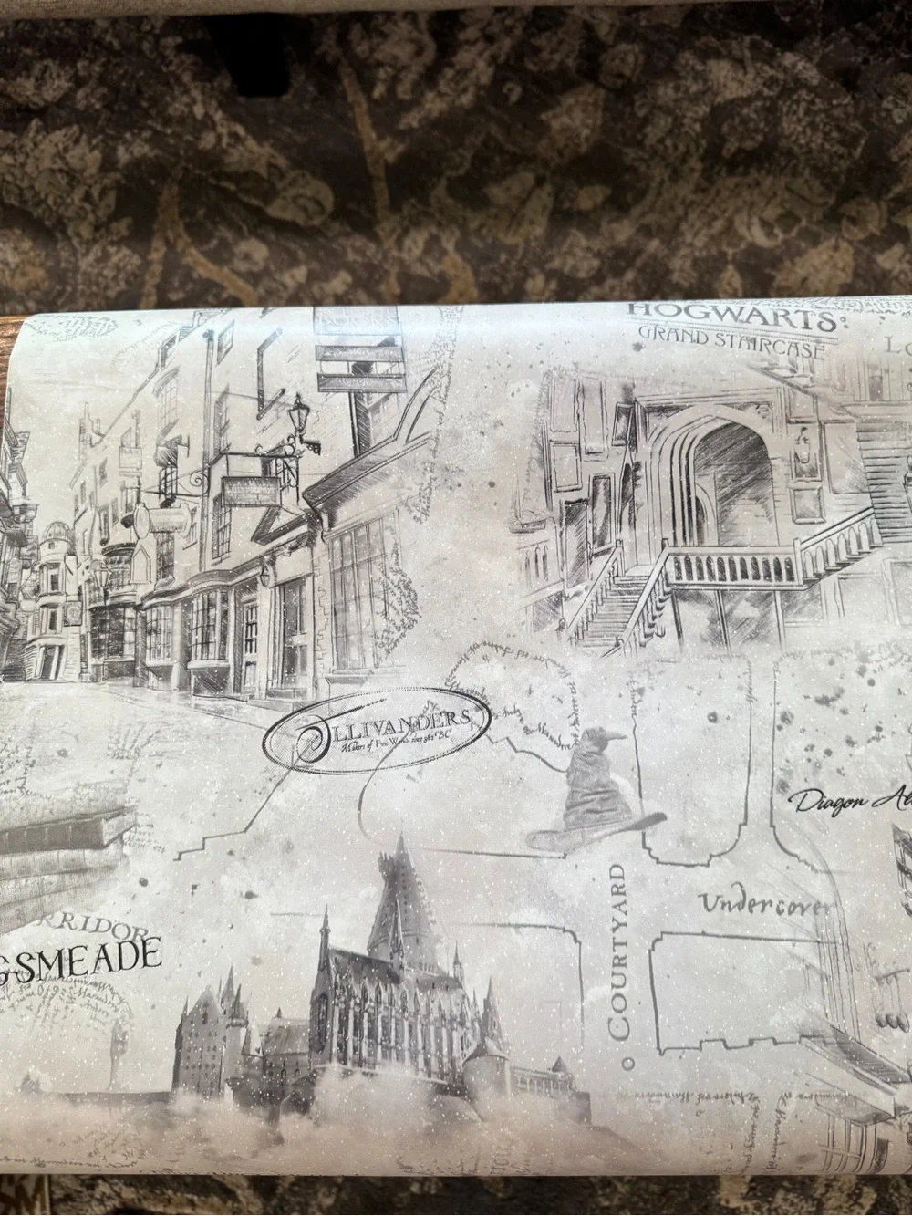Harry Potter Vintage-Style Cream and Gray Map & Icons Wallpaper.